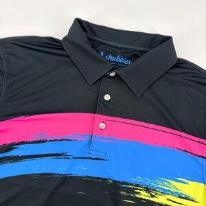 Chubbies Mens Small Performance Polo Shirt Black Neon Brushstroke Golf Short Slv